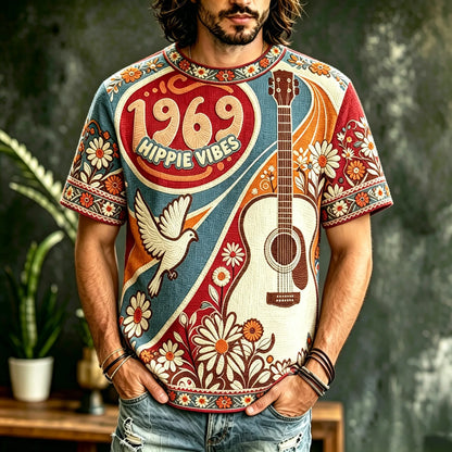 Cardydony Men's Casual Color Block Music Cat Retro Hippie Crew Neck T-shirt