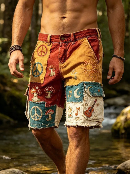 Cardydony Men's Color-blocked Retro Outdoor Casual Hippie Print Shorts