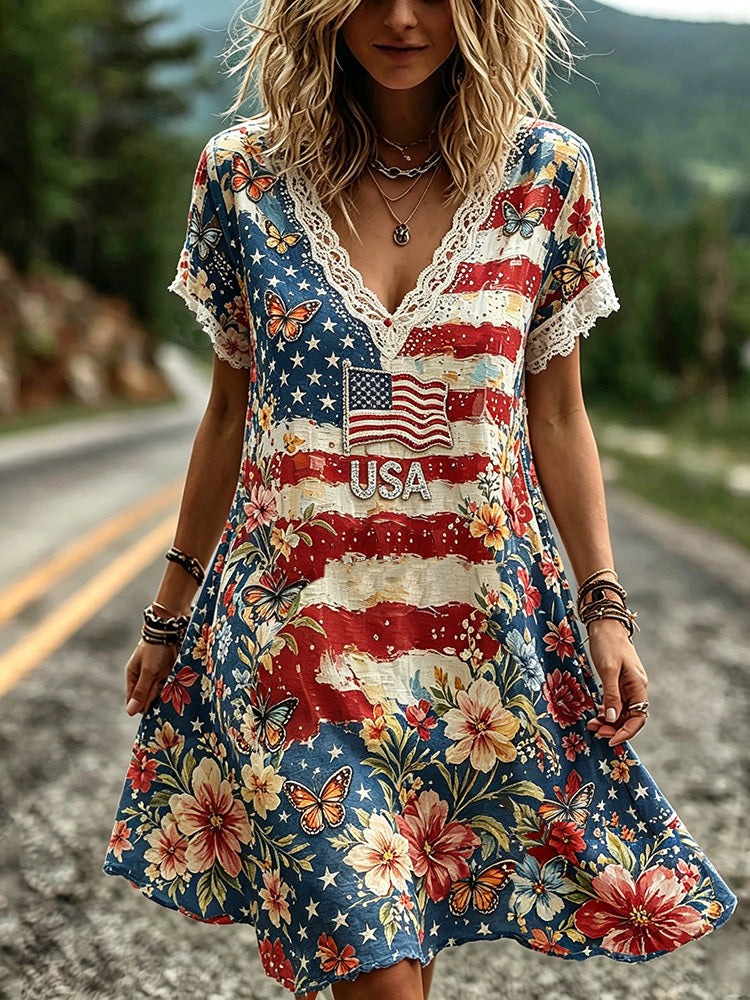 Cardydony Women's American Anniversary Art Distressed V-neck Dress