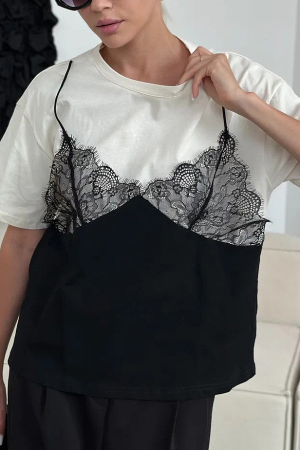 Cardydony Women's Fashionable Lace Patchwork Loose-fitting Round Neck Short-sleeved T-shirt