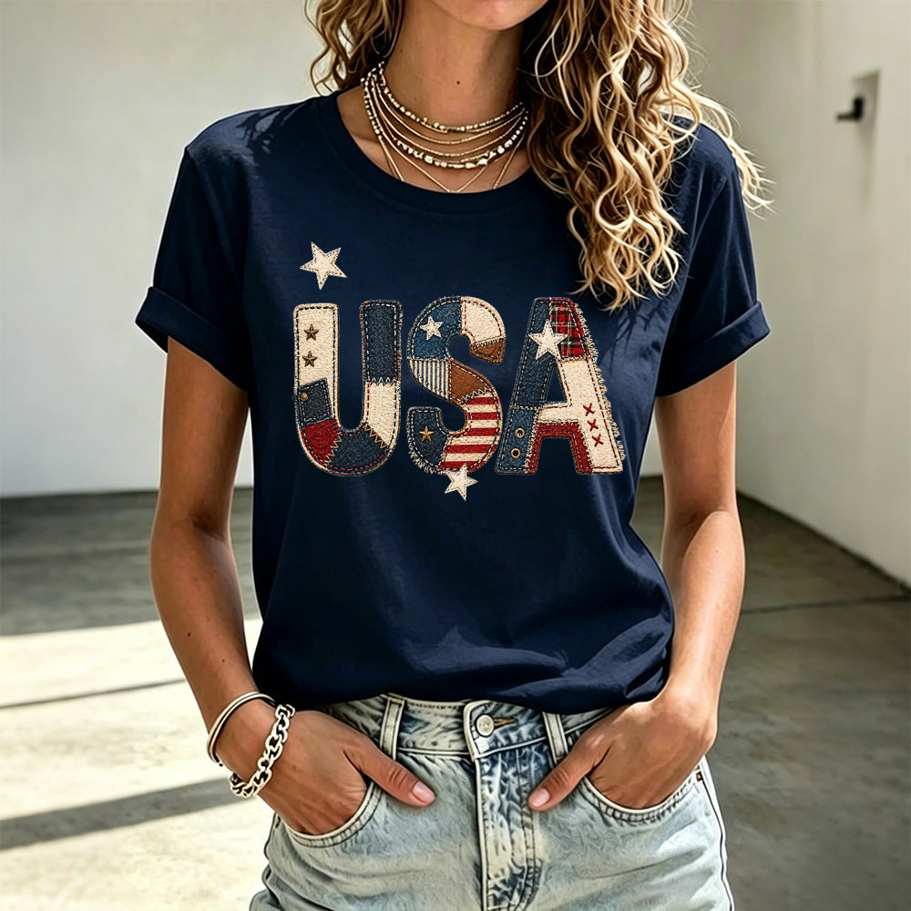 Cardydony Women's Independence Day Letter Patch Embroidery Short Sleeve Casual T-shirt