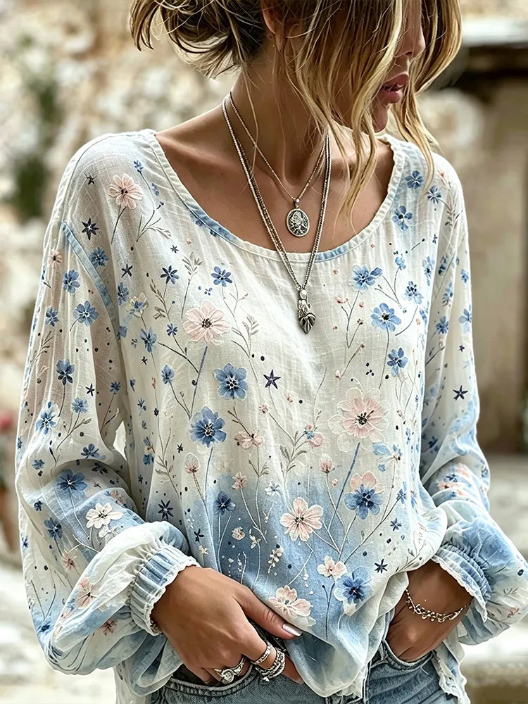 Cardydony Women's Vintage Washed Bohemian Gradient Blue And Pink Wildflower Print Linen Long-sleeved Top