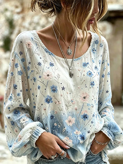 Cardydony Women's Vintage Washed Bohemian Gradient Blue And Pink Wildflower Print Linen Long-sleeved Top
