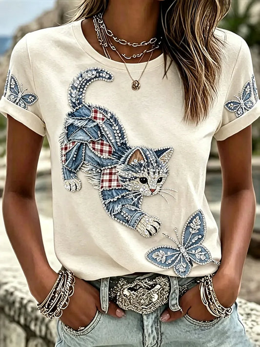 Cardydony Women's With Faux-denim Cat Patchwork Print Casual Crew-neck T-shirt