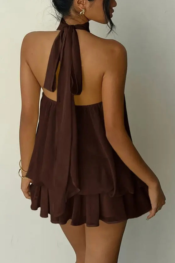 Cardydony Women's  Fashionable Chiffon Halter Neck Backless Lace-up Casual Vacation Mini Dress