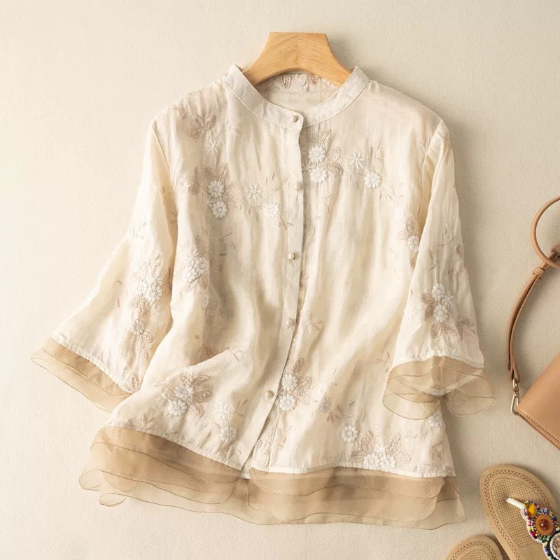 Cardydony Women's Floral Embroidered Art Linen Blend Blouse