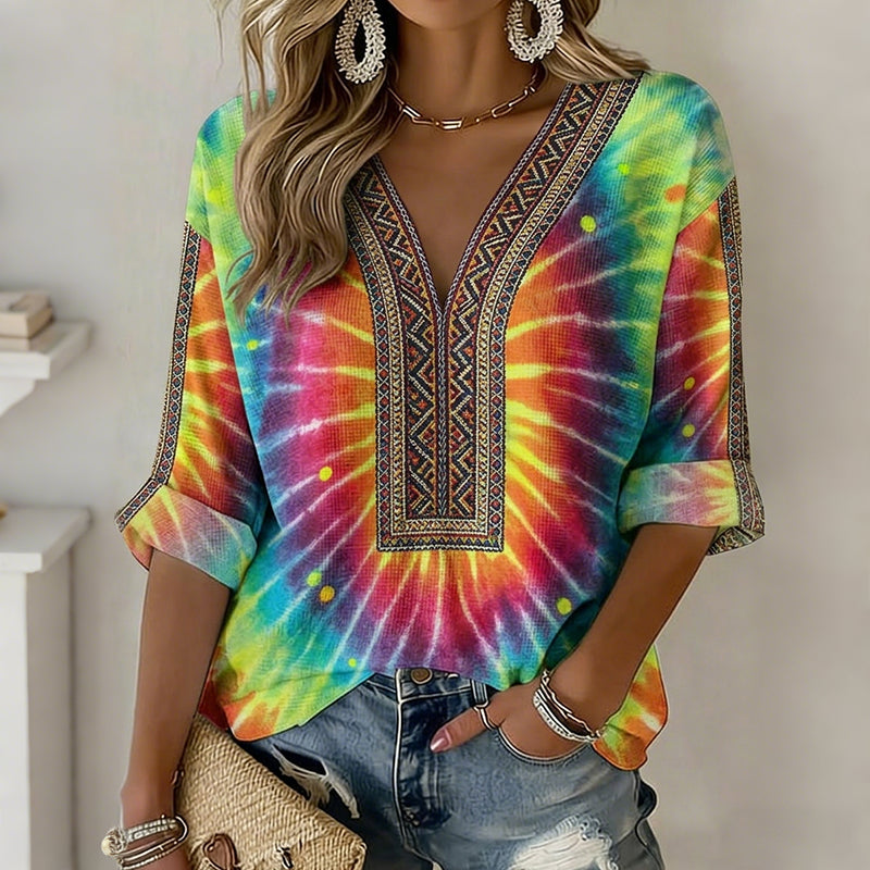 Cardydony Women's Tie-dye Ethnic Art Pattern Printed Casual Long-sleeve T-shirt