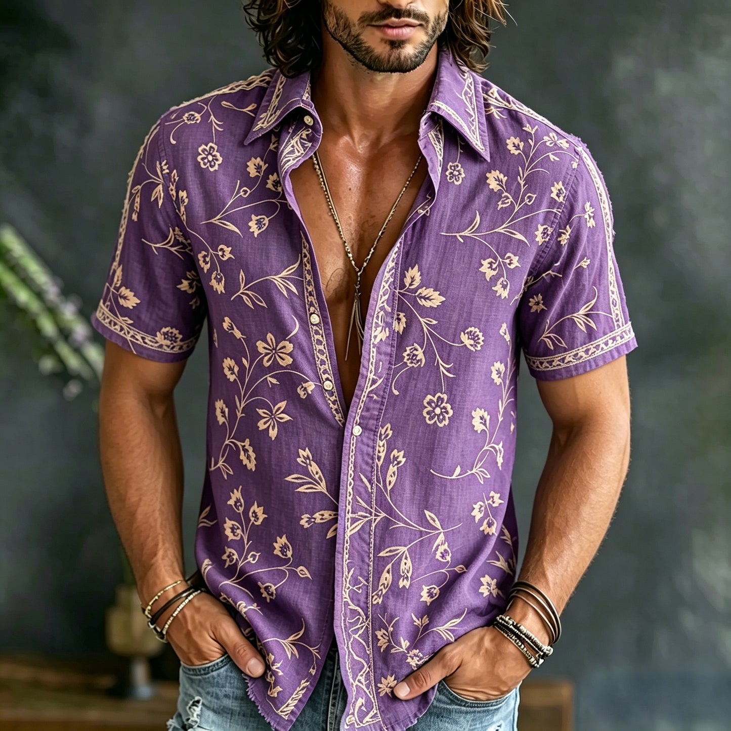 Cardydony Men's Spring Summer Floral Embroidered Art Print Flowy Linen Blend Short Sleeve Shirt