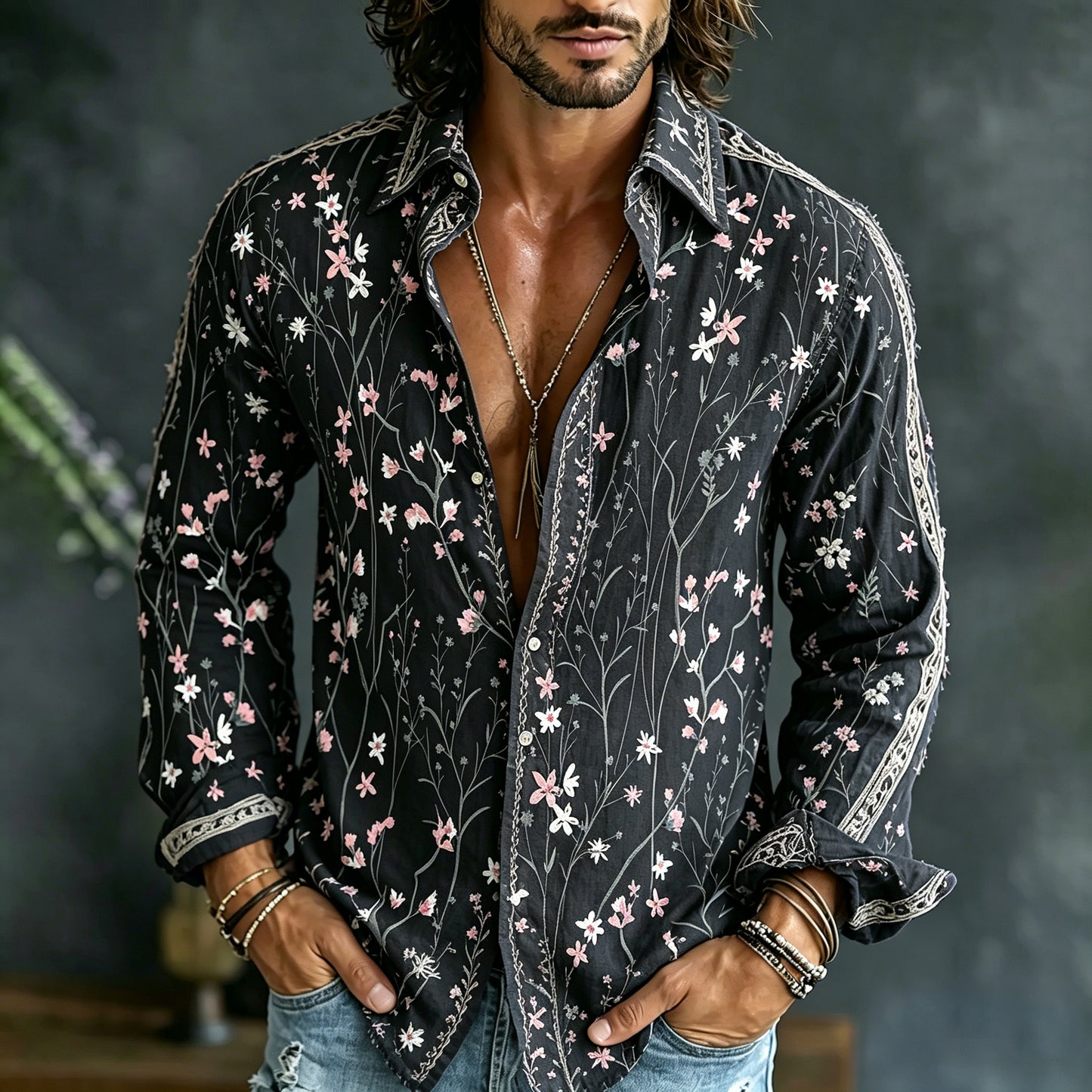 Cardydony Men's Retro Floral Embroidered Art Print Flowy Linen Blend Shirt