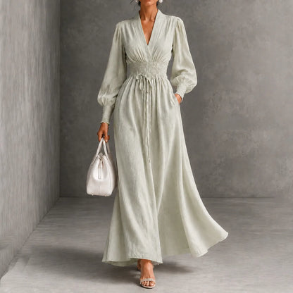 Cardydony Elegance V-neck Belted Waist Long Sleevess Maxi Dress