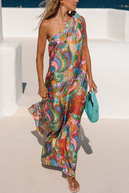 Cardydony Women's Rainbow Breeze Satin Unique Print Bow One Shoulder Loose Maxi Dress