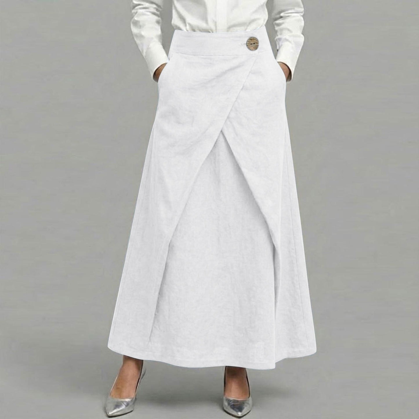 Cardydony Women's Casual Retro Slanted Button Cotton And Linen Skirt