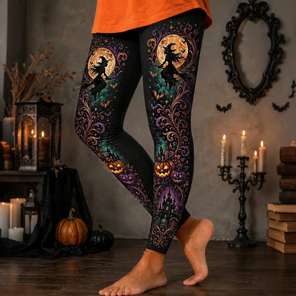 Cardydony Women's Halloween Retro Witch Pumpkin Castle Print Leggings