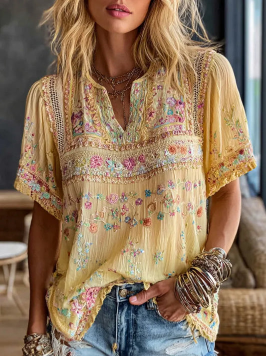 Cardydony Women's Retro Floral Art Embroidery Cotton Linen Short-sleeve T-shirt