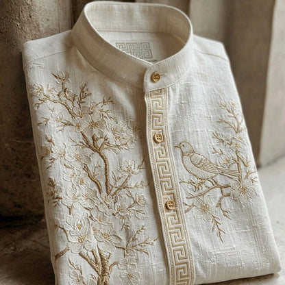 Cardydony Retro Cherry Blossom And Bird Pattern Short-sleeve Shirt