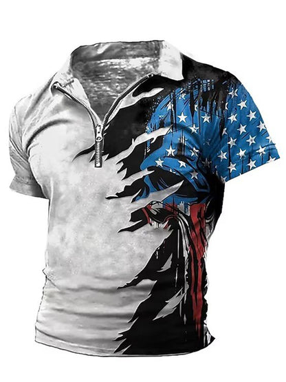 Cardydony Men's Vintage American Flag Veterans Print Zipper Up Polo Shirt