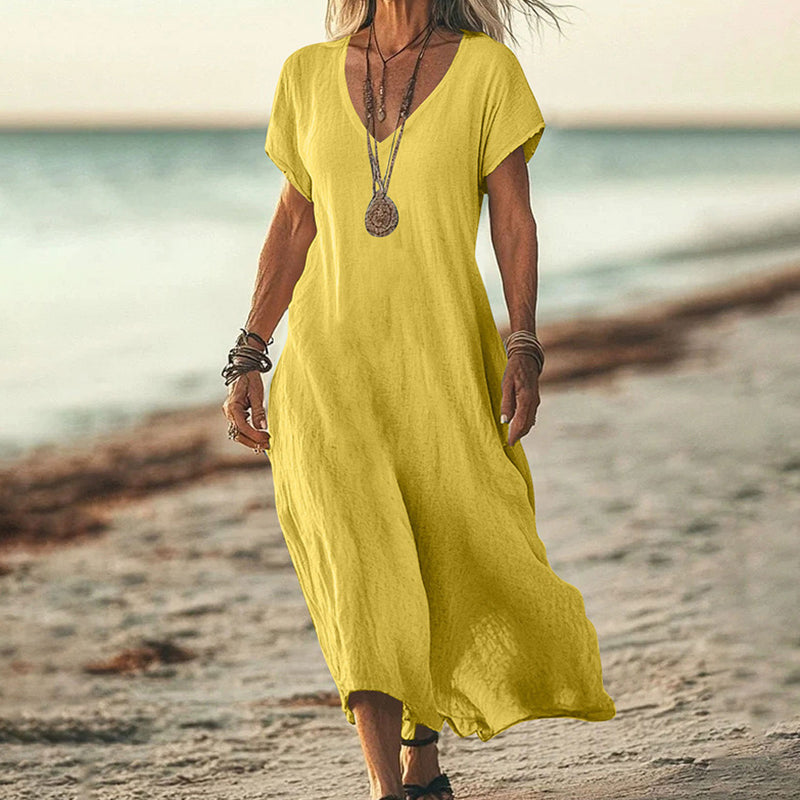 Cardydony Women's Solid Color V-neck Linen Blend Short Sleeve Dress