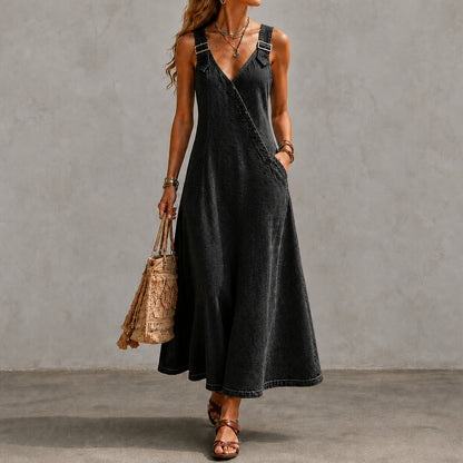 Cardydony Elegant V-neck Diagonal Button Denim Overalls Maxi Dress