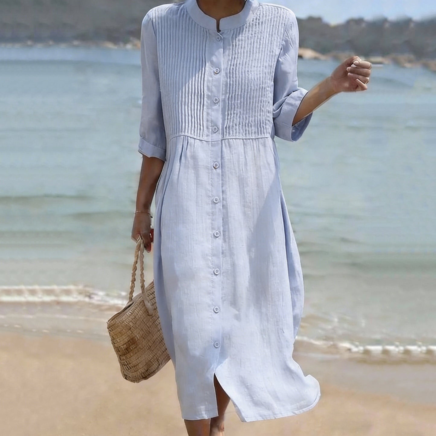 Cardydony Women's Solid Color Multi-pleated Linen Blend Dress