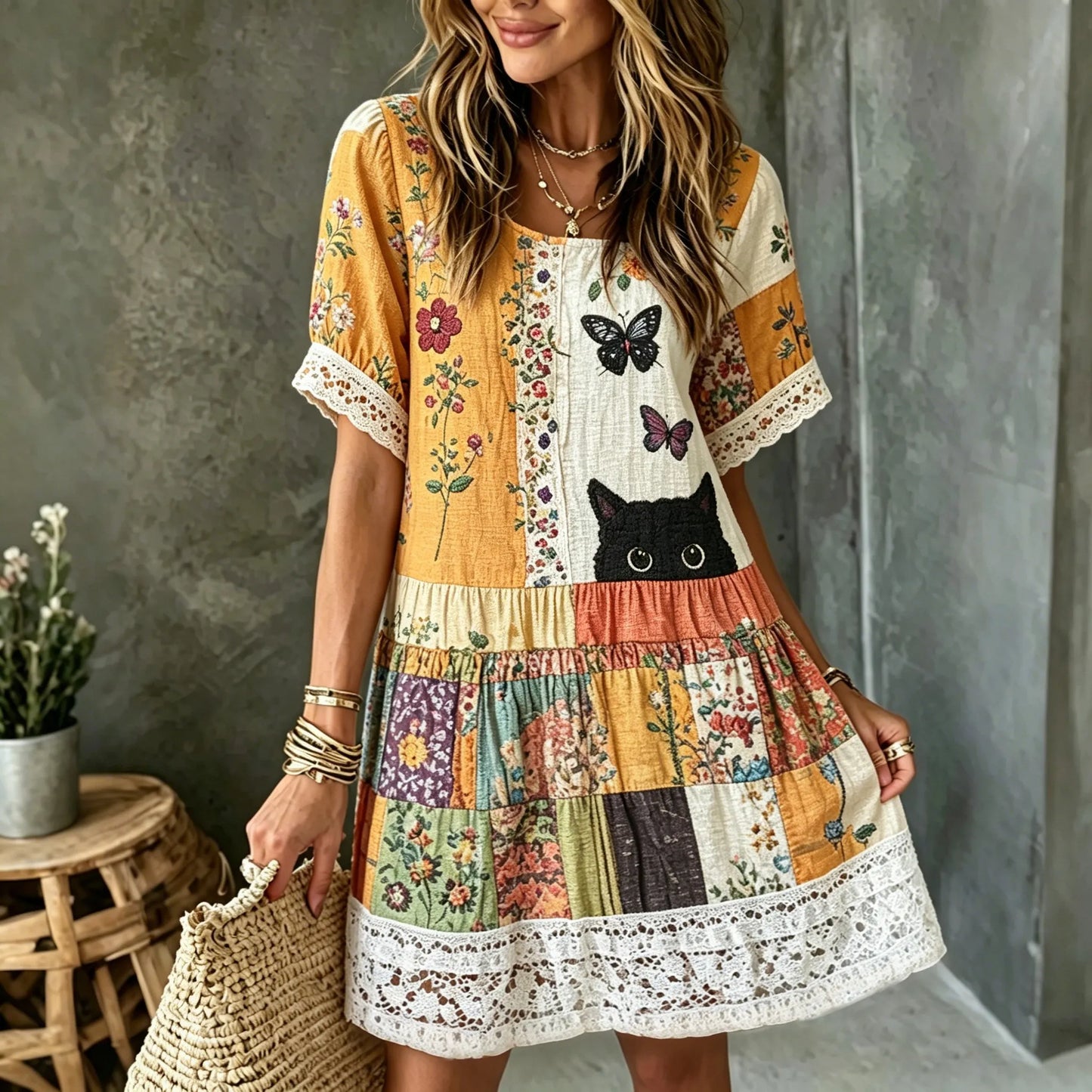 Cardydony Women's Hippie Black Cat Art Embroidered Linen Blend Round Neck Mini Dress