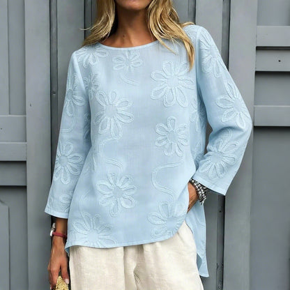 Cardydony Women's Vintage Flower Embroidery Cotton Linen Shirt