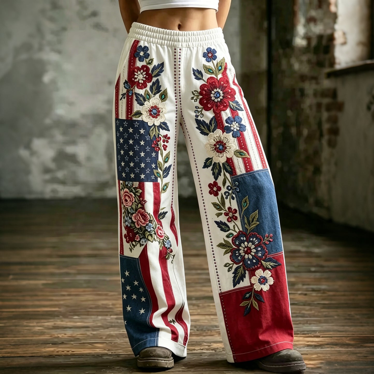 Cardydony Women's Patchwork Floral Cotton And Linen Trousers
