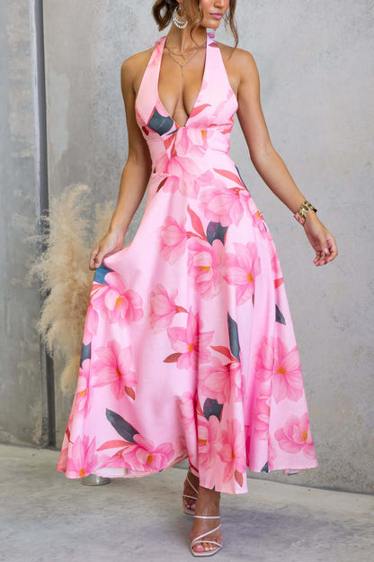 Cardydony Women's Floral Print V-neck Backless Tie-up Fitted Waist Elegant Maxi Dress