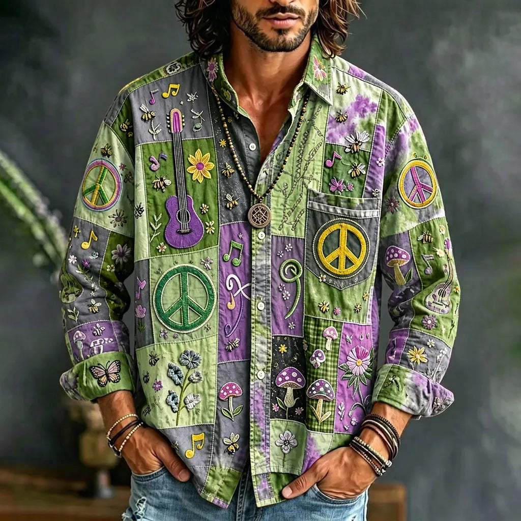 Cardydony Men's Peace Sign And Guitar Hippie Patchwork Print Long Sleeves Shirt