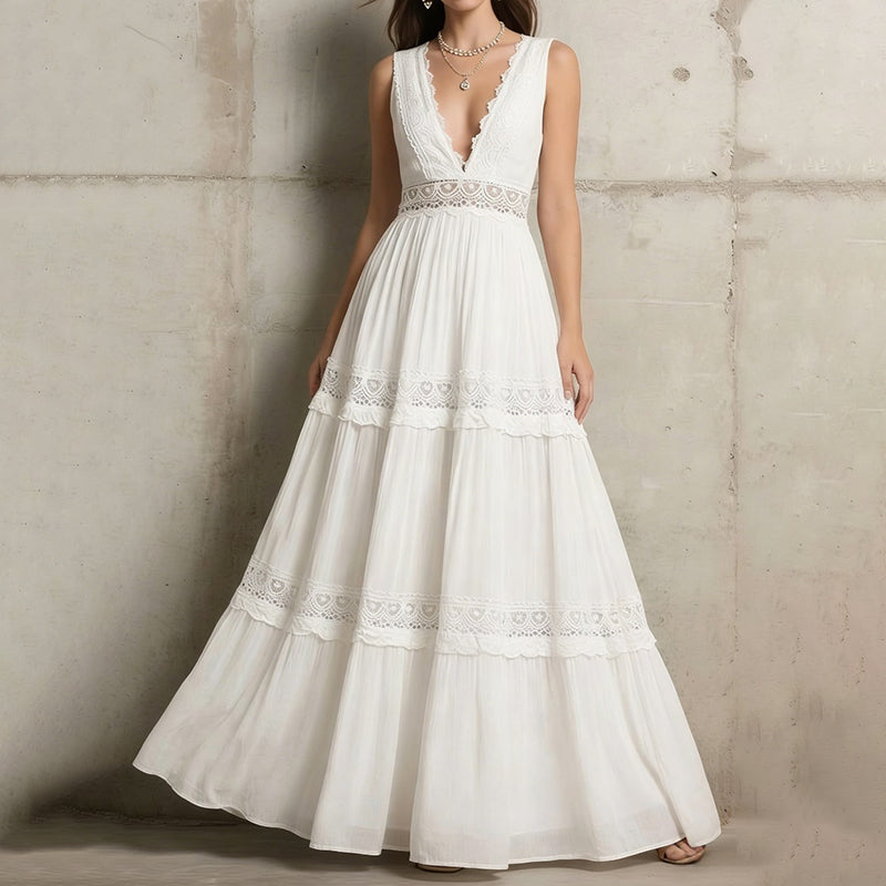 Cardydony Women's Delicate Lace Hook And Lace Up Sides Maxi Dress