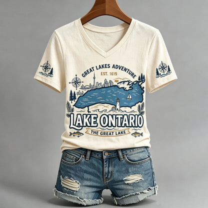 Cardydony Women's Lake Ontario Casual Art Printed V-neck T-shirt