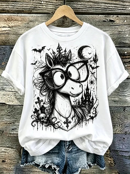 Cardydony Women's Halloween Glasses Pony Short-sleeve Top