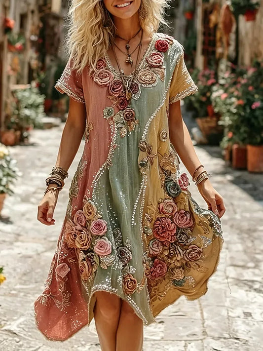 Cardydony Women's Resort Floral Bohemian Cotton Linen Dress