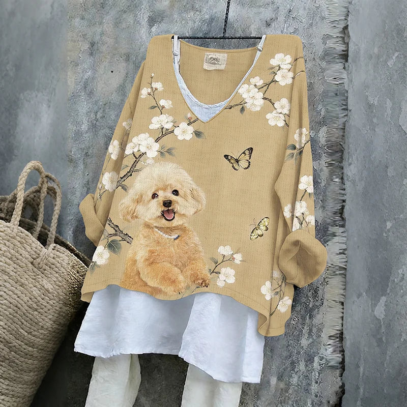 Cardydony Women's Cute Poodle With Pear Blossom Art V-neck Linen Blend T-shirt