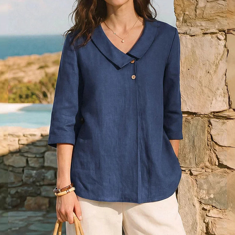 Cardydony Casual Linen Buttoned Irregular V-neck Shirt
