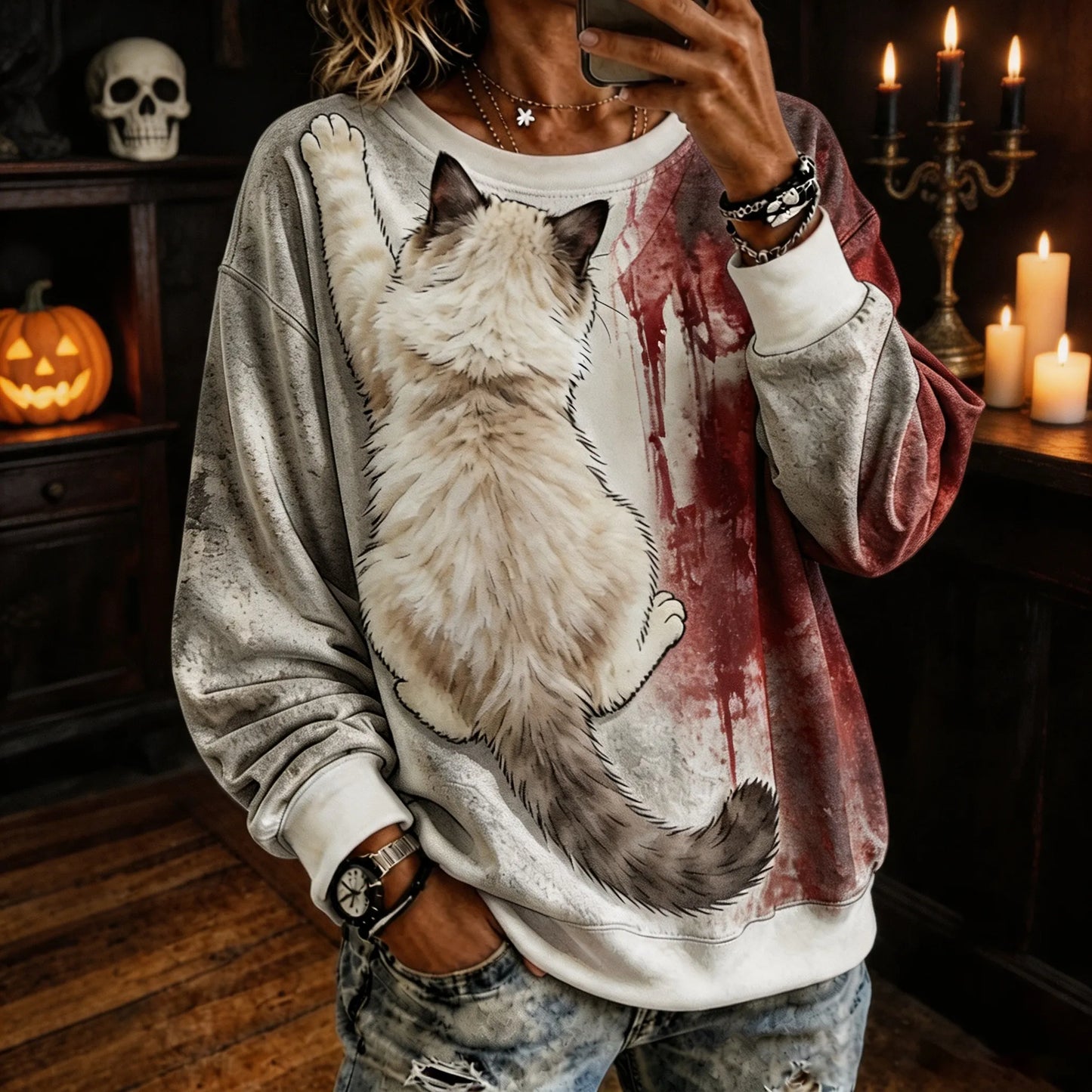 Cardydony Women's Realistic 3d Fluffy Back View Ragdoll Cat Clinging Cat In Bloody Print Crewneck Sweatshirt