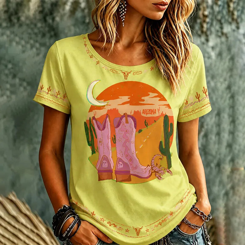 Cardydony Women's Western Country Cowboy Desert Road Cowboy Boots Short Sleeve Top