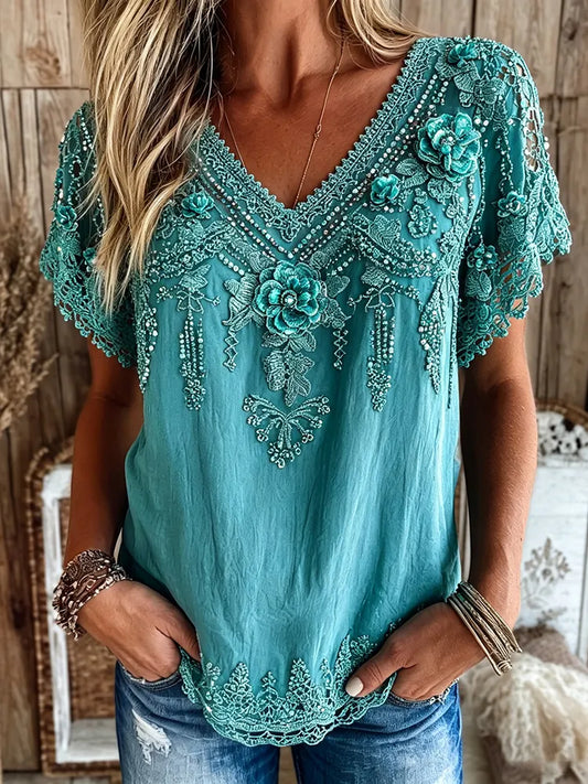 Cardydony Women's Vintage Floral Art Flowy Casual Linen Blend Short Sleeve Tops