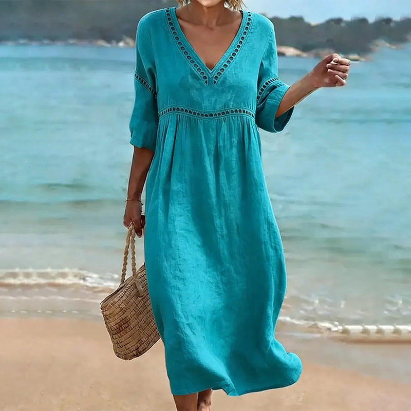 Cardydony Women's Casual Solid Color Cotton Linen Dress