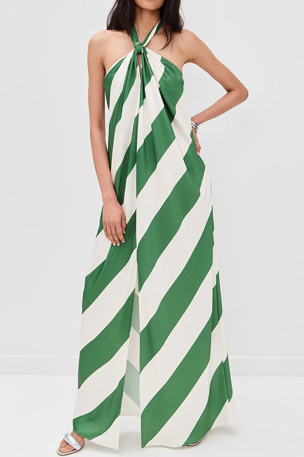 Cardydony Women's Most Dreamy Stripe Print Halter Tie-up Backless Pocket Loose Maxi Dress
