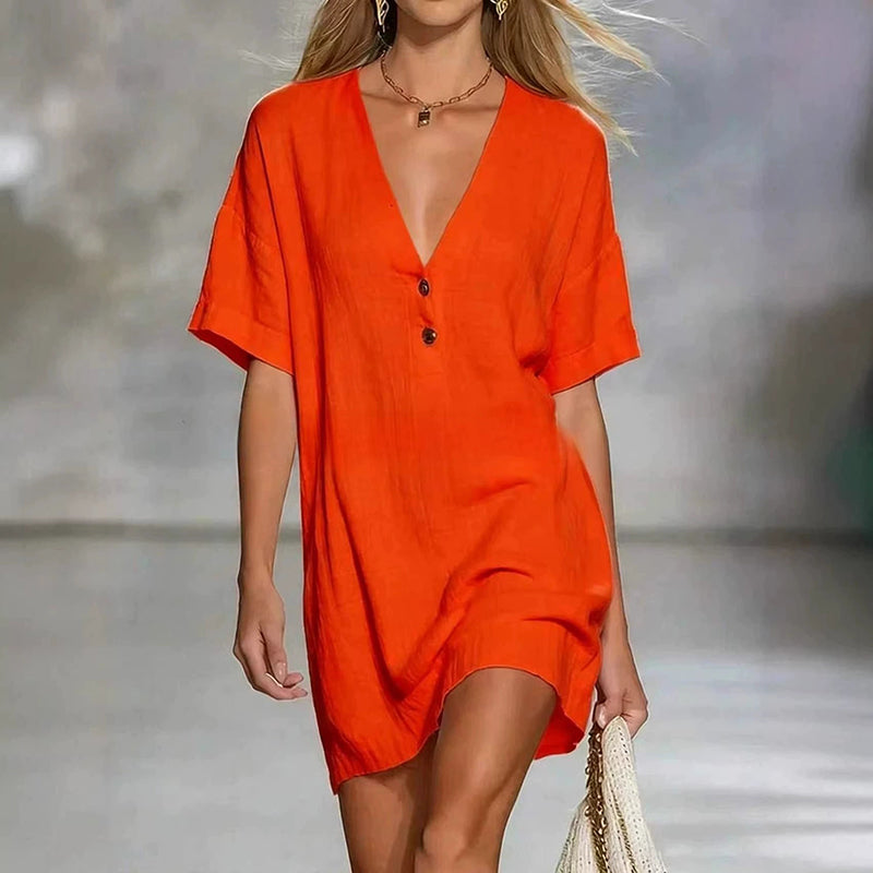 Cardydony Cozy Cotton And Linen Button V-neck Mini Dress