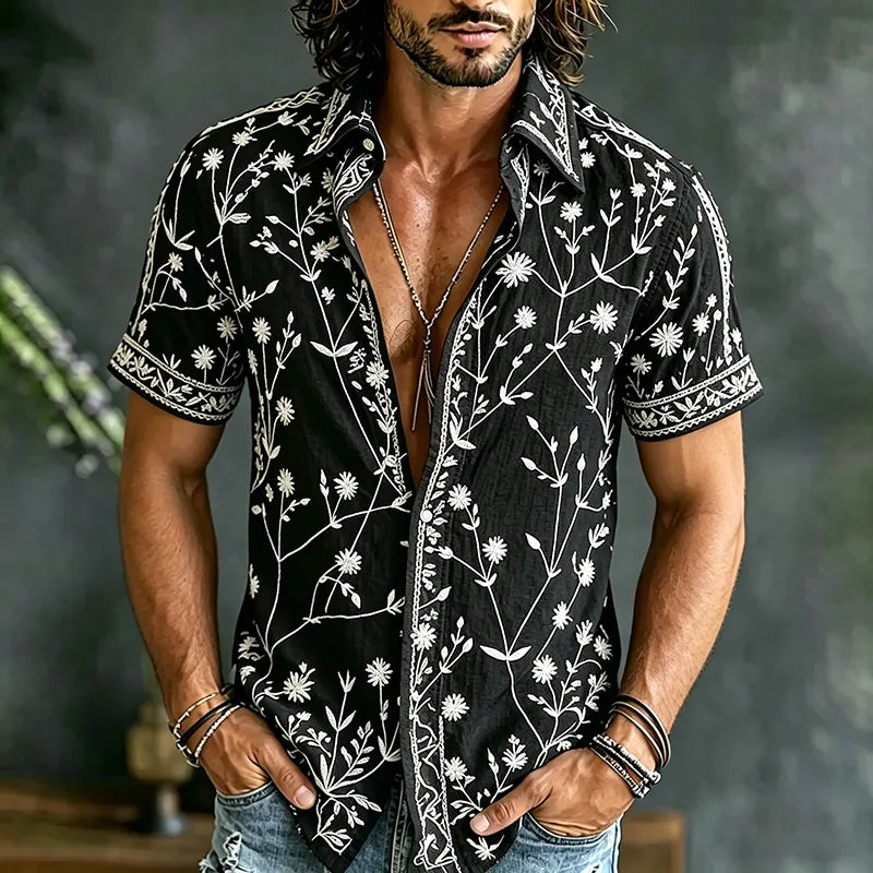 Cardydony Men's Vintage Floral Art Print Flowy Linen Blend Shirt
