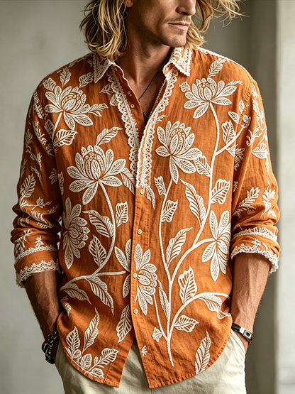 Cardydony Men's Retro Plant Flower Embroidery Pattern Design Casual Linen Shirt