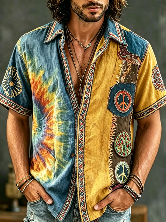 Cardydony Men's Causal Spring Tie-dye Hippie Peace Patchwork Art Print Flowy Linen Blend Shirt