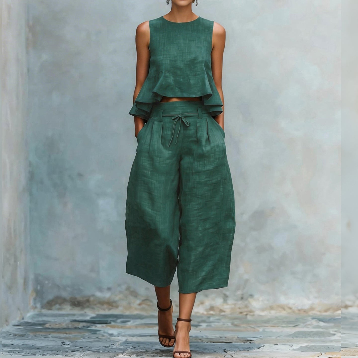 Cardydony Women's Ruffled Linen-blend Two-piece Set