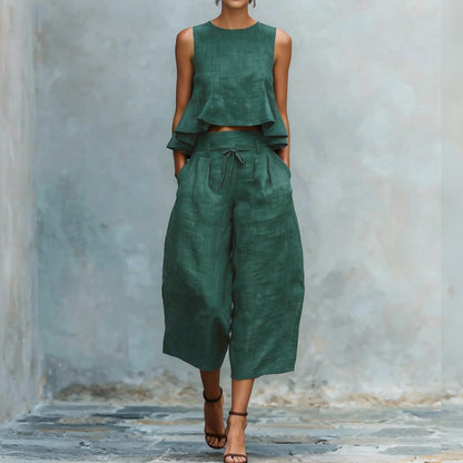 Cardydony Women's Ruffled Linen-blend Two-piece Set