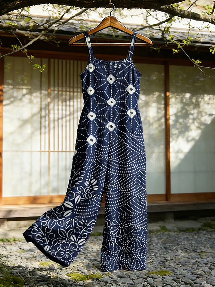 Cardydony Japanese Traditional Sashiko Art Flowy Linen Jumpsuit