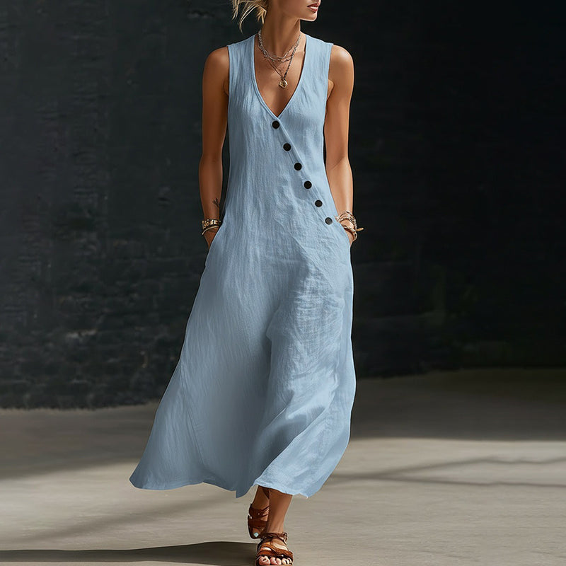 Cardydony Women's Retro Casual Button Design Linen Blend Maxi Dress