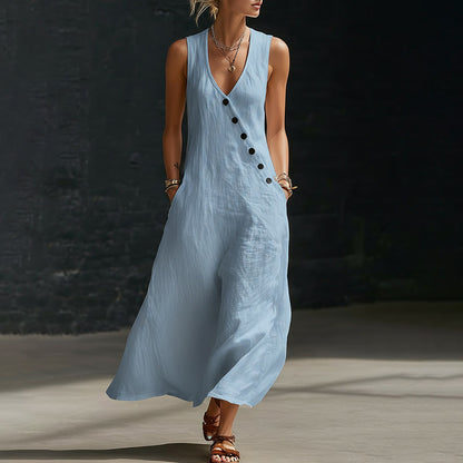 Cardydony Women's Retro Casual Button Design Linen Blend Maxi Dress