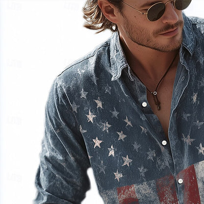 Cardydony Men's American Us Flag Patriotic Print Cotton And Linen Long Sleeve Shirt