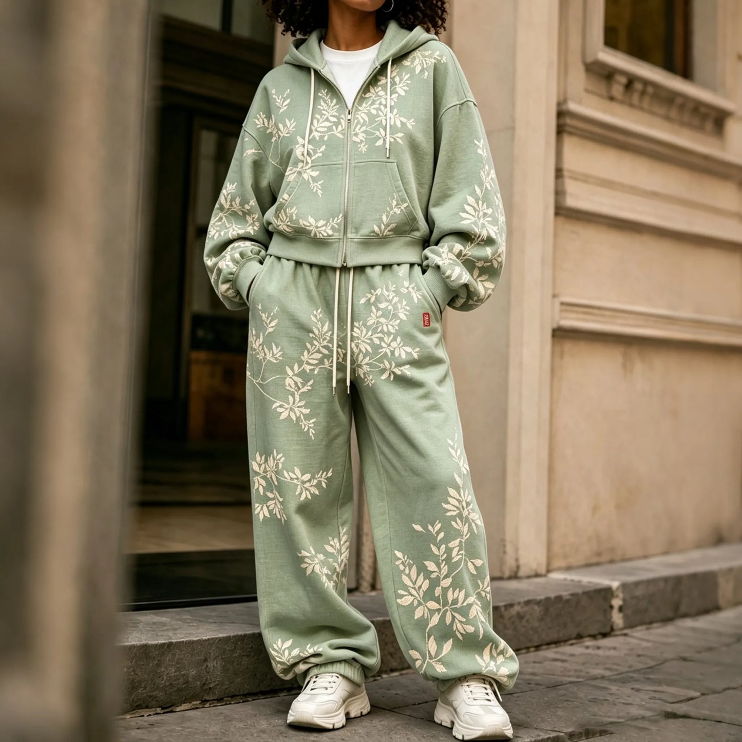 Cardydony Women's Vintage Floral Art Print Zip Up Hoodie Two Piece Set